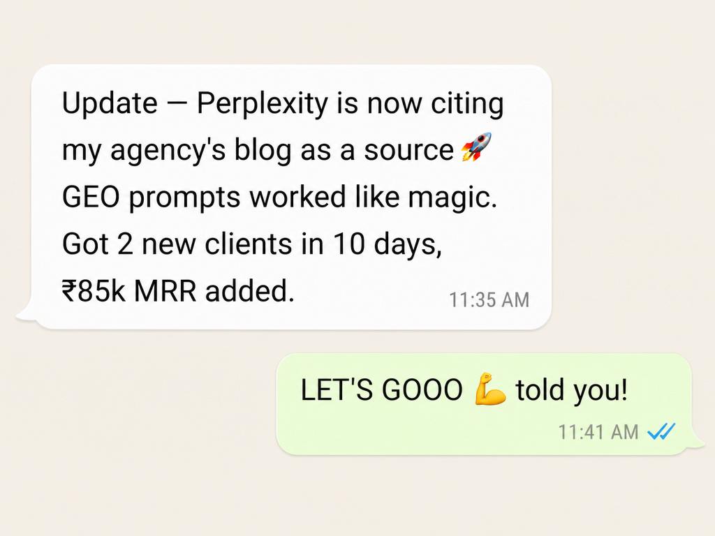 Customer message — Marketing agency — ₹85k MRR added in 10 days